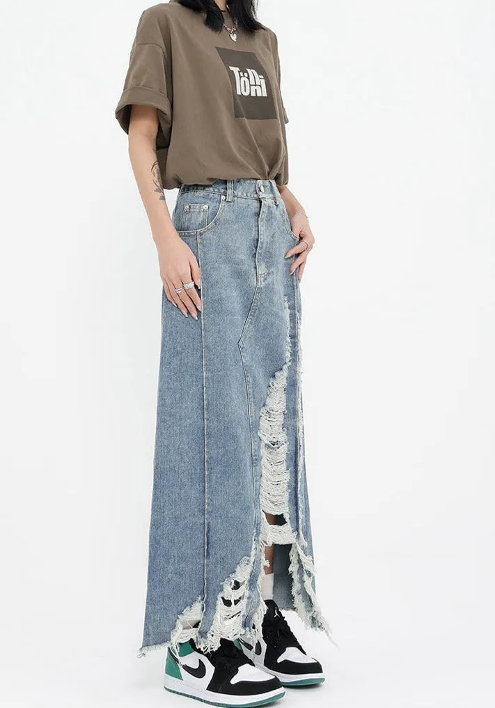 Distressed Denim Midi Skirt