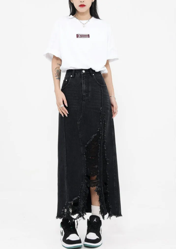 Distressed Denim Midi Skirt