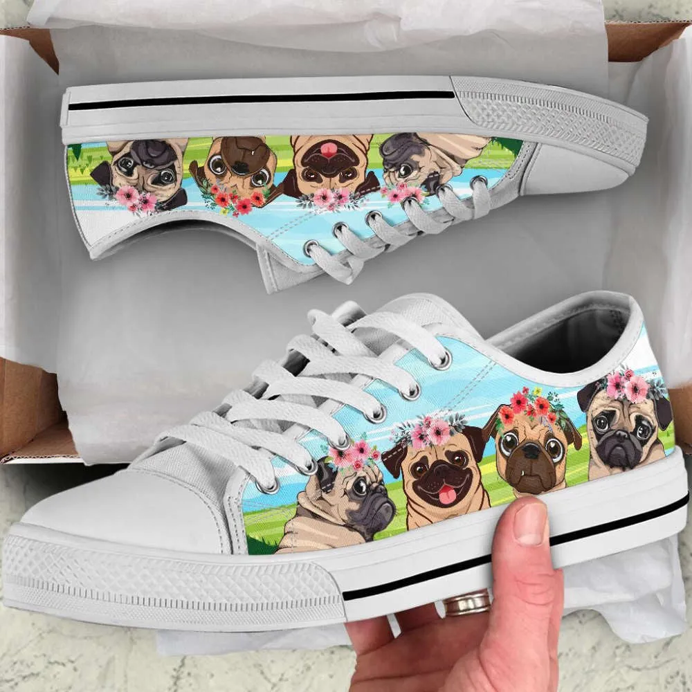 Pug Dog Floral Wreath Low Top Shoes Canvas Sneakers Casual Shoes, Dog Printed Shoes, Canvas Shoes For Men, Women