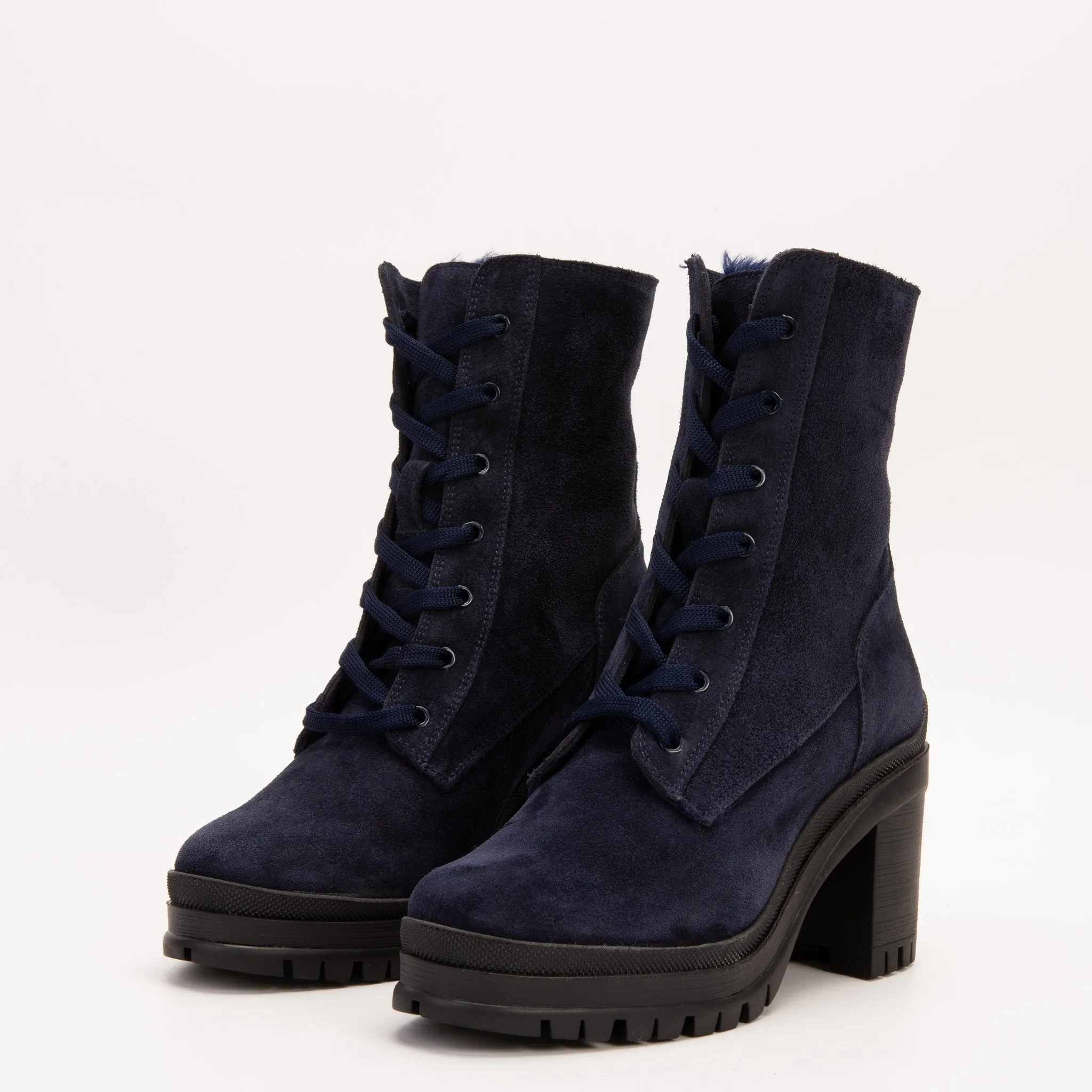 The Elera Navy Blue Leather Block Heel Women Boot