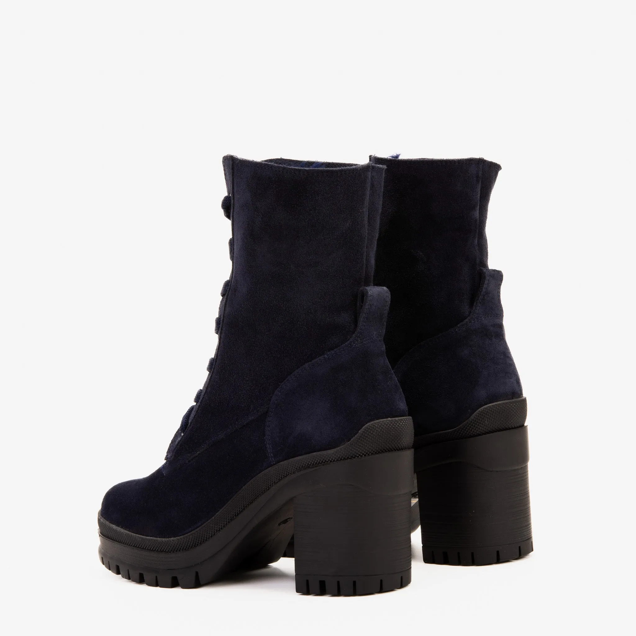 The Elera Navy Blue Leather Block Heel Women Boot