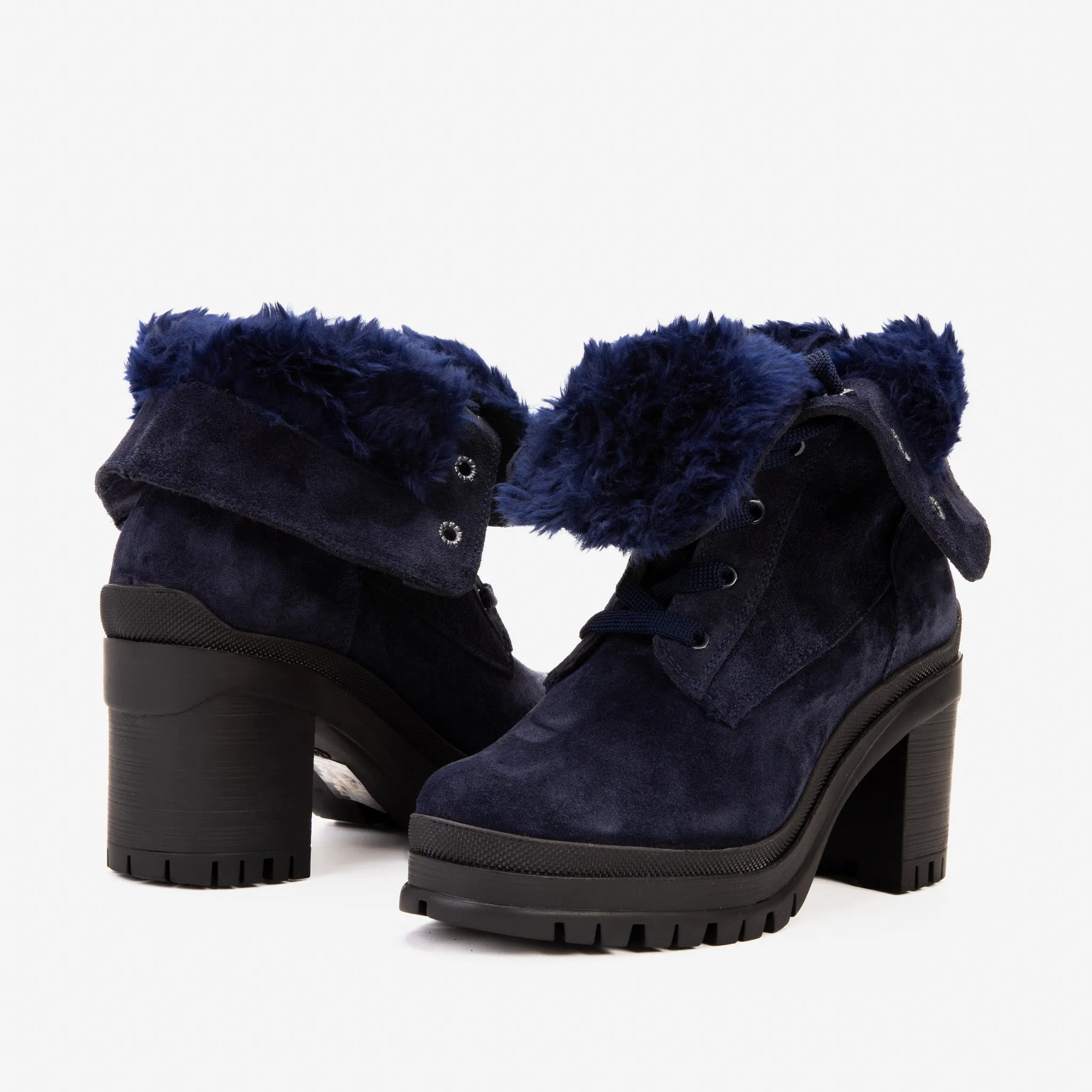 The Elera Navy Blue Leather Block Heel Women Boot